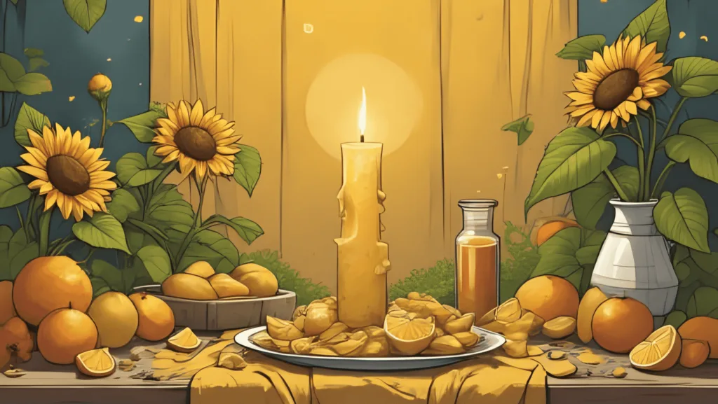 Sun-drenched Litha altar with yellow cloth, sunflowers, citrus fruits, a gold candle, herbs, and honey on a wooden surface. Bright, natural, and witchy midsummer feel.