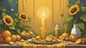 Sun-drenched Litha altar with yellow cloth, sunflowers, citrus fruits, a gold candle, herbs, and honey on a wooden surface. Bright, natural, and witchy midsummer feel.