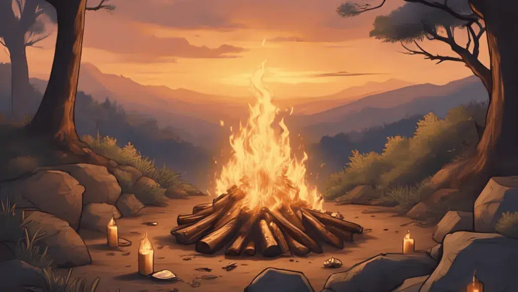 Outdoor Litha bonfire at sunset, with candles, herbs, and handwritten notes being safely burned. Golden light, summer solstice vibe, peaceful and powerful atmosphere.