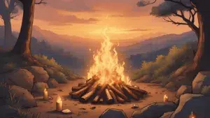 Outdoor Litha bonfire at sunset, with candles, herbs, and handwritten notes being safely burned. Golden light, summer solstice vibe, peaceful and powerful atmosphere.