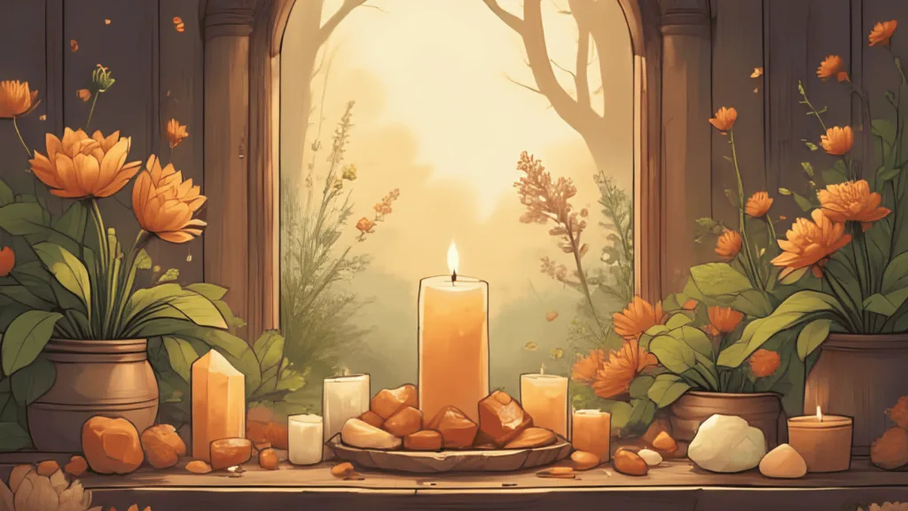 Wooden altar in sunlight with sunstone, citrine, and carnelian crystals, gold candle, fresh herbs, and wildflowers. Radiant, natural Litha celebration.