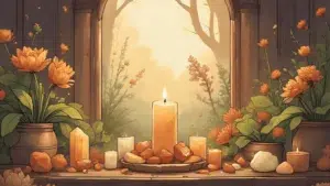 Wooden altar in sunlight with sunstone, citrine, and carnelian crystals, gold candle, fresh herbs, and wildflowers. Radiant, natural Litha celebration.