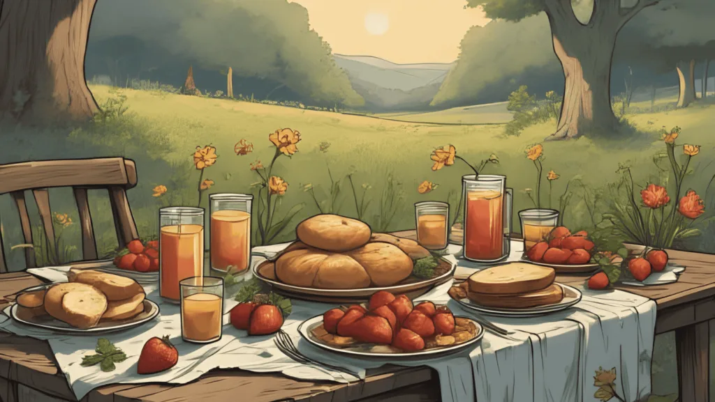 Sunlit litha picnic or outdoor table with strawberries, bread, honey cakes, herbal tea, and candles. Decorated with wildflowers and herbs, evoking a summer solstice feast.