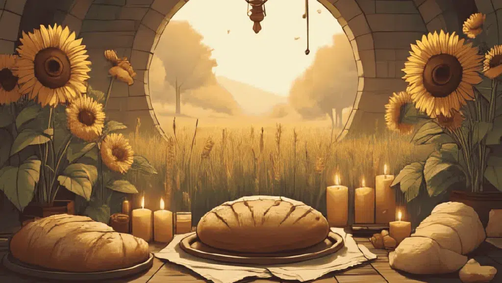 history and meaning of Lammas: Seasonal altar for Lammas with offerings of bread, sunflowers, and ritual tools to honour the harvest