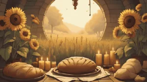 history and meaning of Lammas: Seasonal altar for Lammas with offerings of bread, sunflowers, and ritual tools to honour the harvest