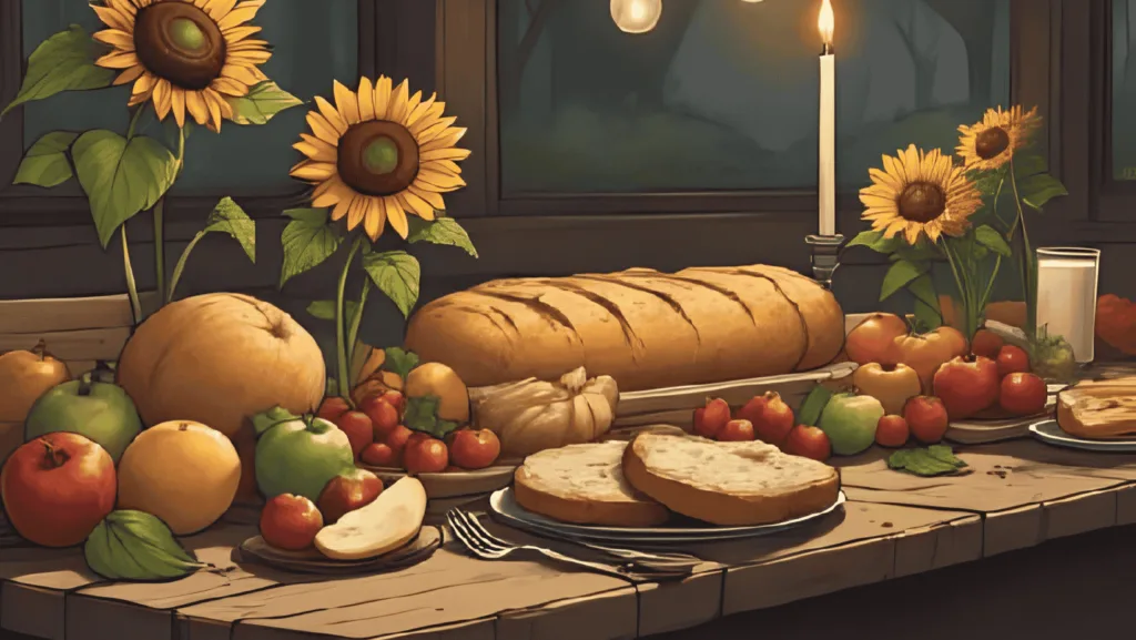 how to celebrate Lammas - Lammas sabbat celebration with a feast of bread, fruit, sunflowers, and harvest offerings on a rustic altar