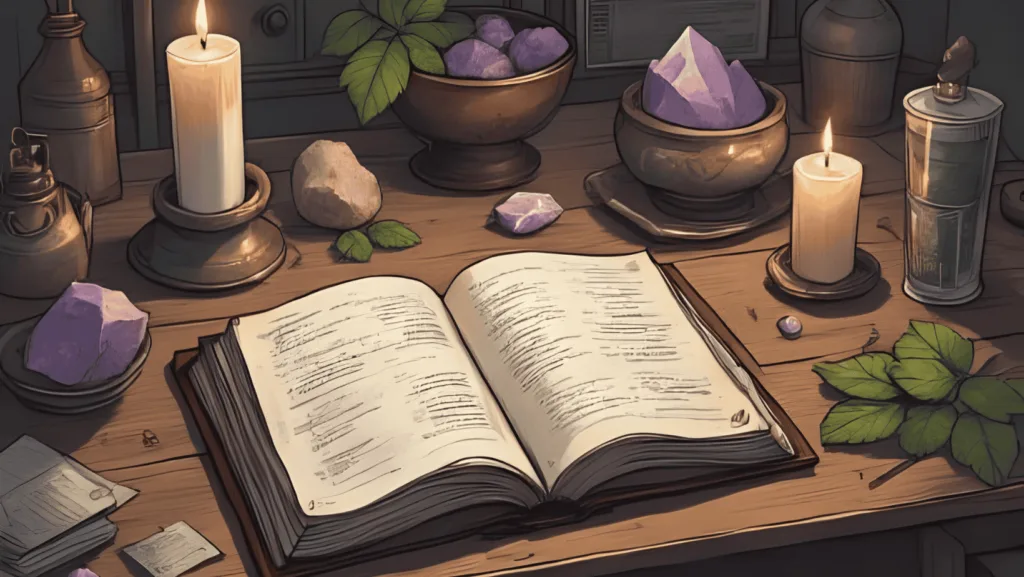Handwritten book of shadows open on a wooden desk with candles, herbs, and crystals—perfect visual for “how to make my own book of shadows”