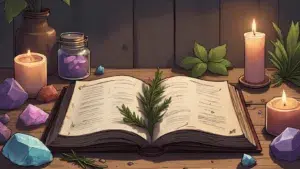 Rosemary Witchcraft Benefits: Dried rosemary next to spell candles and crystals on an altar for witchcraft use