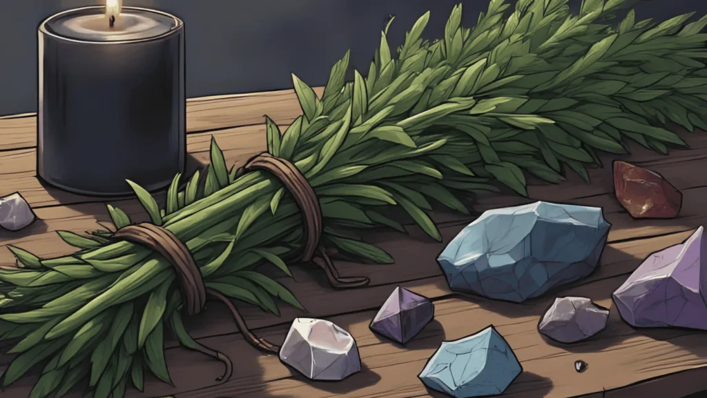 rosemary protection spell: A bundle of rosemary tied with twine next to a black candle, protective crystals, and a witch's altar