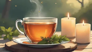 Soothe a Cough Quickly: A steaming herbal tea with thyme and honey to soothe a cough quickly, surrounded by candles and witchy altar tools.