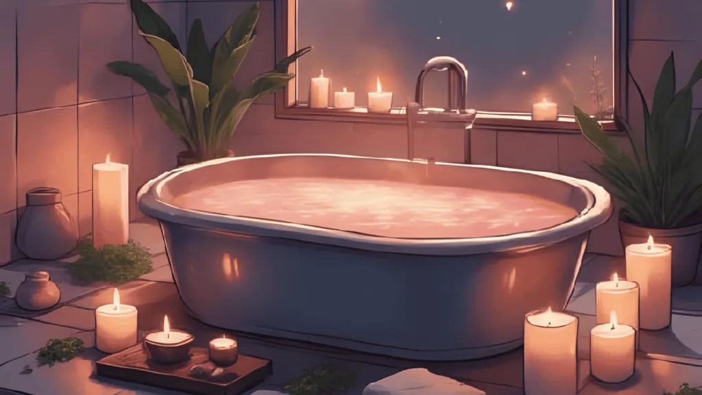 Pink Salt Bath Ritual: Himalayan pink salt bath with candles, herbs, and crystals set for a spiritual cleansing ritual