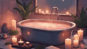 Pink Salt Bath Ritual: Himalayan pink salt bath with candles, herbs, and crystals set for a spiritual cleansing ritual