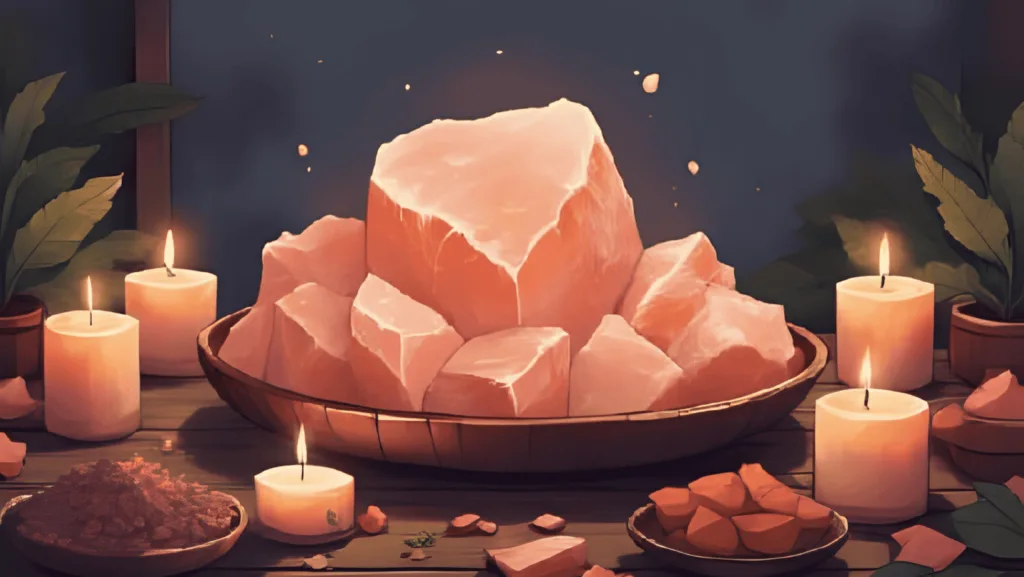 Himalayan pink salt crystals with candles and herbs arranged for spiritual and magical use