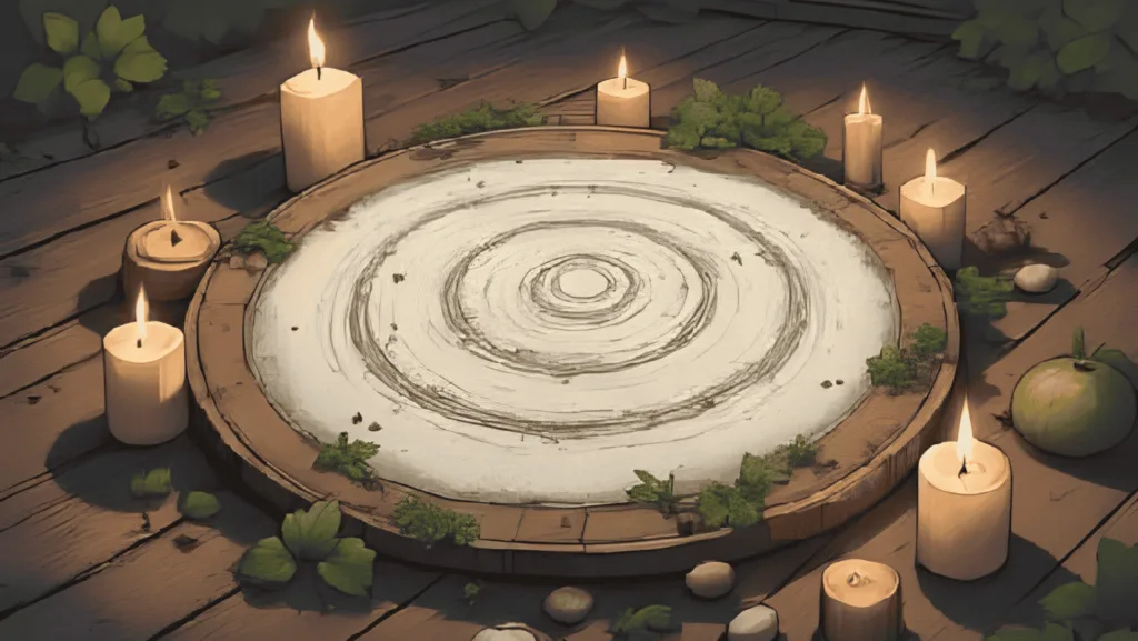 salt rituals for protection: Circle of salt surrounded by candles and rosemary, set up for a protective ritual