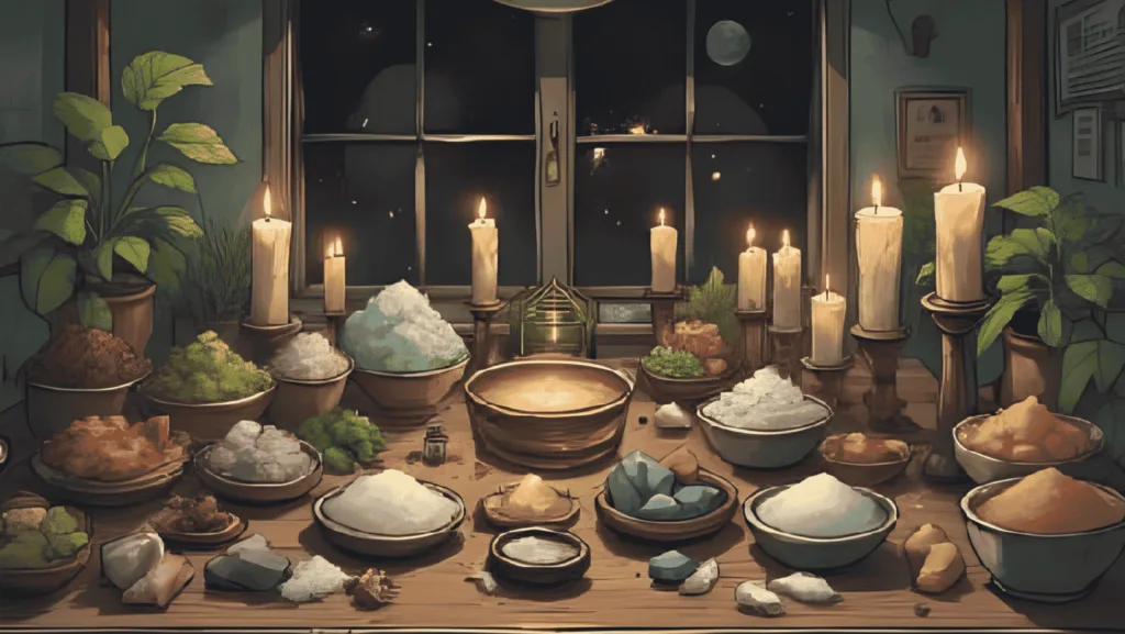 what is salt used for in witchcraft - Witch’s altar with various salts, herbs, and crystals laid out for cleansing and protection rituals