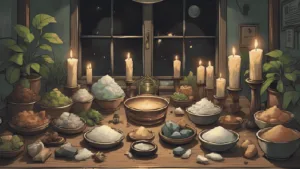 what is salt used for in witchcraft - Witch’s altar with various salts, herbs, and crystals laid out for cleansing and protection rituals