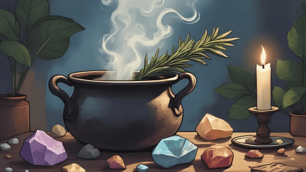 Rosemary Cleansing Ritual: Rosemary bundle burning in cauldron for a cleansing ritual with candle and quartz crystal nearby (Witchy tools)