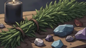 rosemary protection spell: A bundle of rosemary tied with twine next to a black candle, protective crystals, and a witch's altar