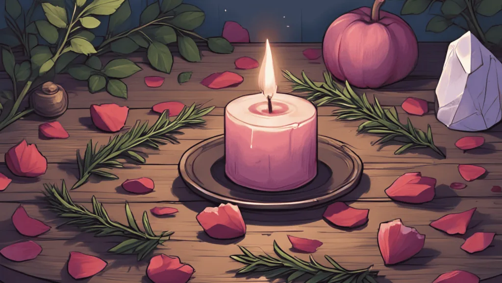 Is Rosemary Good for Love Spells? Sprigs of rosemary with rose petals and a pink candle arranged for love spell work