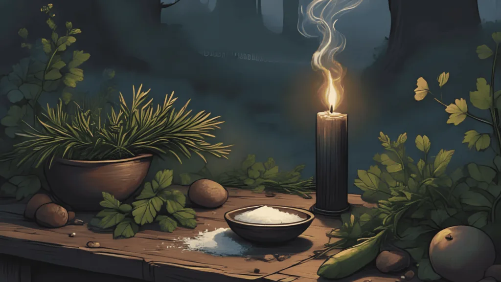 Is Rosemary Good for Removing Witchcraft? Burning rosemary bundle and black candle on an altar for banishing witchcraft