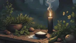 Is Rosemary Good for Removing Witchcraft? Burning rosemary bundle and black candle on an altar for banishing witchcraft
