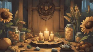 spells and rituals for Lammas - Witchcraft ritual tools for Lammas including candles, herbs, spell jar, and sunflowers on a harvest-themed altar