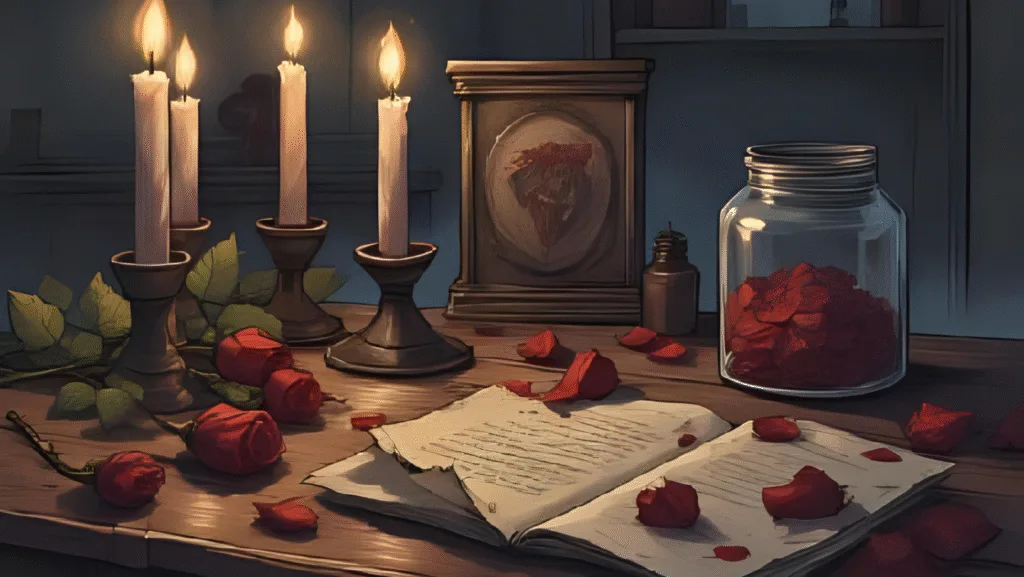 Moody candle-lit altar with dried roses, torn love letters, and a spell jar, symbolising the consequences of coercive love spells