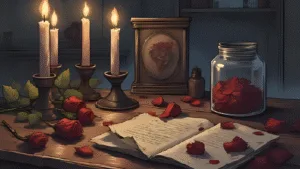 Moody candle-lit altar with dried roses, torn love letters, and a spell jar, symbolising the consequences of coercive love spells