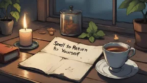 Overcome Procrastination: A quiet altar with a single lit candle, cup of herbal tea, and a handwritten note – “Spell to Return to Yourself”