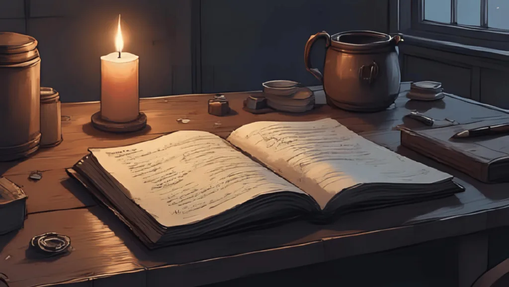 A soft, moody desk with open notebook, tea light candle, and hand-drawn sigils – "Doing Witchcraft Wrong"