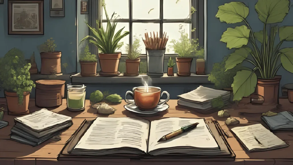 A peaceful desk with herbs, candle, tea, and notebook – "Feeling Overwhelmed in Witchcraft"