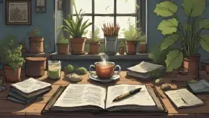 A peaceful desk with herbs, candle, tea, and notebook – "Feeling Overwhelmed in Witchcraft"