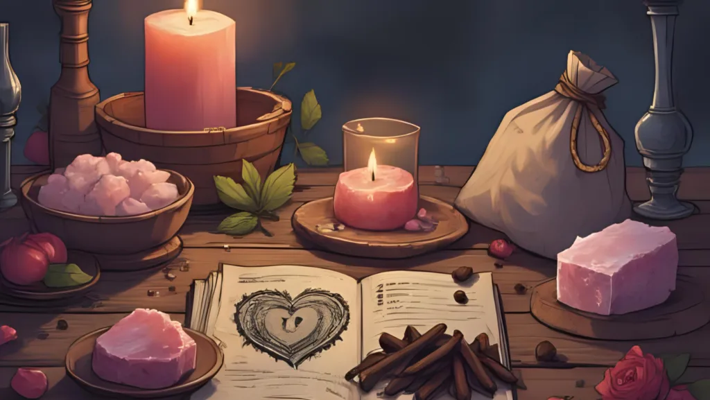 How to Use Cloves for Love Magic: Witch’s altar with cloves, pink candle, rose quartz and a love spell charm bag on rustic wood, lit with soft candlelight and a romantic glow