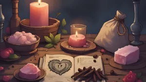 How to Use Cloves for Love Magic: Witch’s altar with cloves, pink candle, rose quartz and a love spell charm bag on rustic wood, lit with soft candlelight and a romantic glow