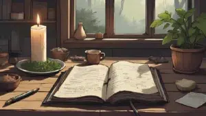 A simple beginner witch setup with candle, herbs, and journal on a wooden table – "Where to Start With Witchcraft"