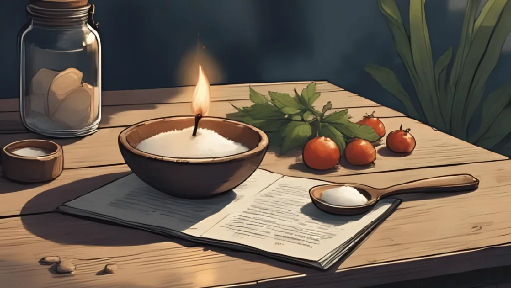 Minimalist witchcraft tools on a wooden table – tea light, salt, spoon, and herbs – "Witchcraft on a Budget"
