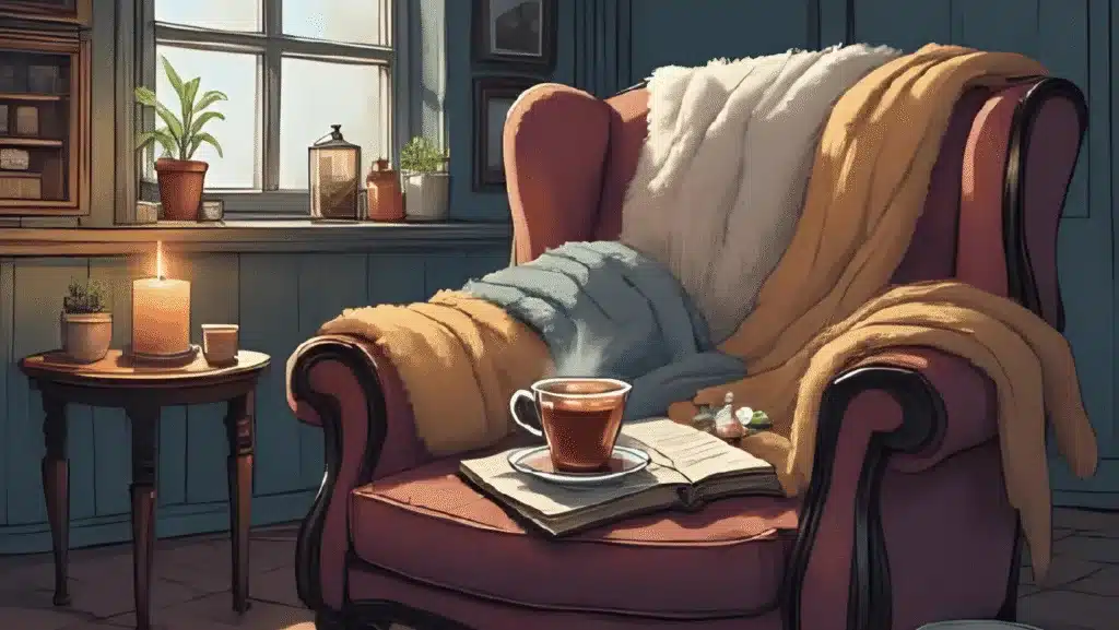 A cosy witch’s corner with tea, blankets, a journal, and a lit candle – "Witchy Self-Care"