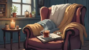 A cosy witch’s corner with tea, blankets, a journal, and a lit candle – "Witchy Self-Care"