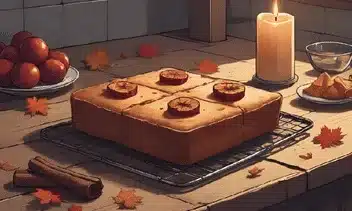 A rustic kitchen scene with a square plum and ginger cake on a cooling rack, scattered autumn leaves, cinnamon sticks, and a lit candle beside it. Cosy, warm light. Cottage witch aesthetic.