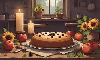 A rustic Lammas kitchen with blackberry and apple cake on a wooden table, surrounded by candles, apples, cinnamon sticks, and sunflowers.