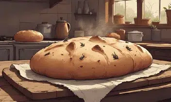 : Lammas bread recipe featuring red onion and rosemary focaccia, baked golden in a rustic kitchen setting.