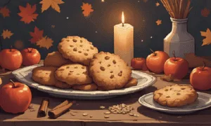 Mabon oat biscuits on a rustic tray with autumn leaves and candlelight