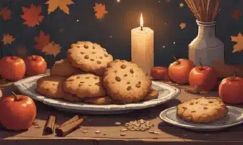 Mabon oat biscuits on a rustic tray with autumn leaves and candlelight