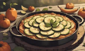 Harvest vegetable bake for Mabon recipes with courgette, aubergine, goat’s cheese and autumn vegetables in a rustic baking dish