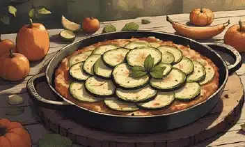 Harvest vegetable bake for Mabon recipes with courgette, aubergine, goat’s cheese and autumn vegetables in a rustic baking dish
