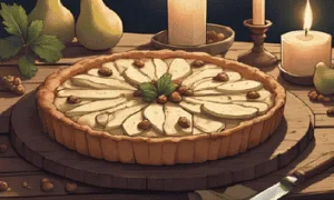 A rustic pear, walnut & blue cheese tart, styled on a wooden table with autumnal herbs, candles, and a cosy witchy aesthetic.