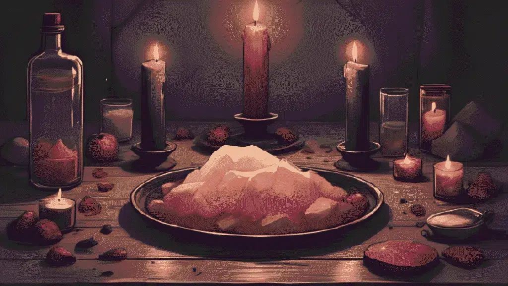 Ritual altar with black and red candles, rose quartz, and salt water for how to remove a love spell.