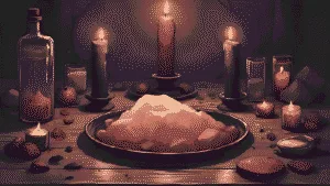 Ritual altar with black and red candles, rose quartz, and salt water for how to remove a love spell.