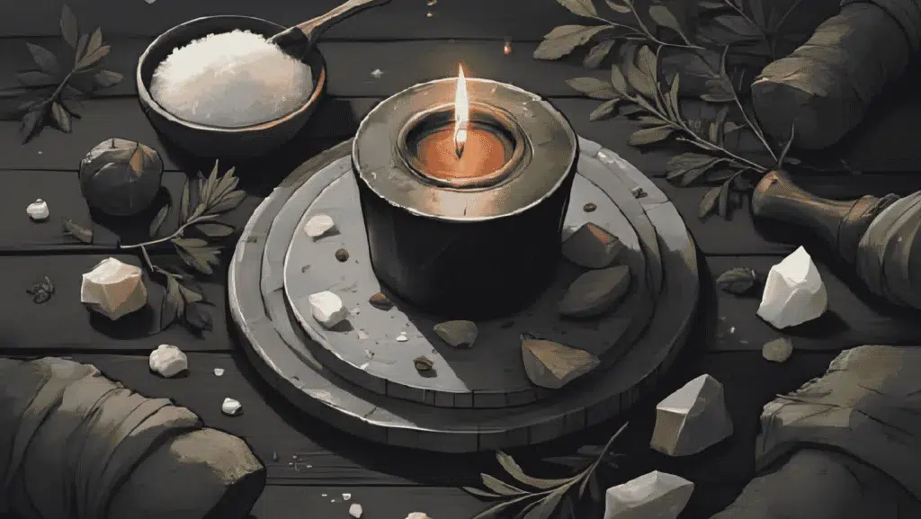 Witchy flatlay with black candle, rosemary, salt, and crystals for how to remove a spell ritual.