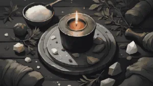 Witchy flatlay with black candle, rosemary, salt, and crystals for how to remove a spell ritual.